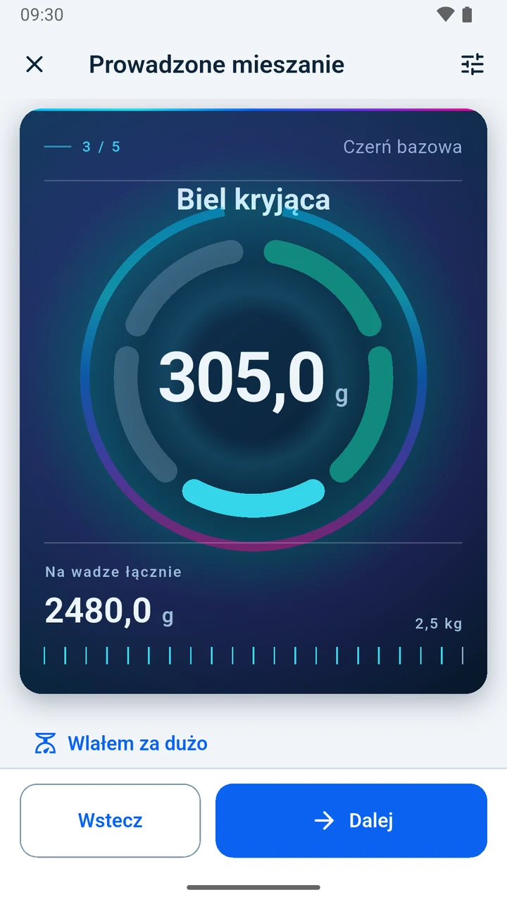Ekran „Prowadzone mieszanie”: krok 3 z 5, składnik Biel kryjąca, do dodania 305,0 g; na wadze łącznie 2480,0 g; niżej „Wlałem za dużo” oraz przyciski „Wstecz” i „Dalej”.